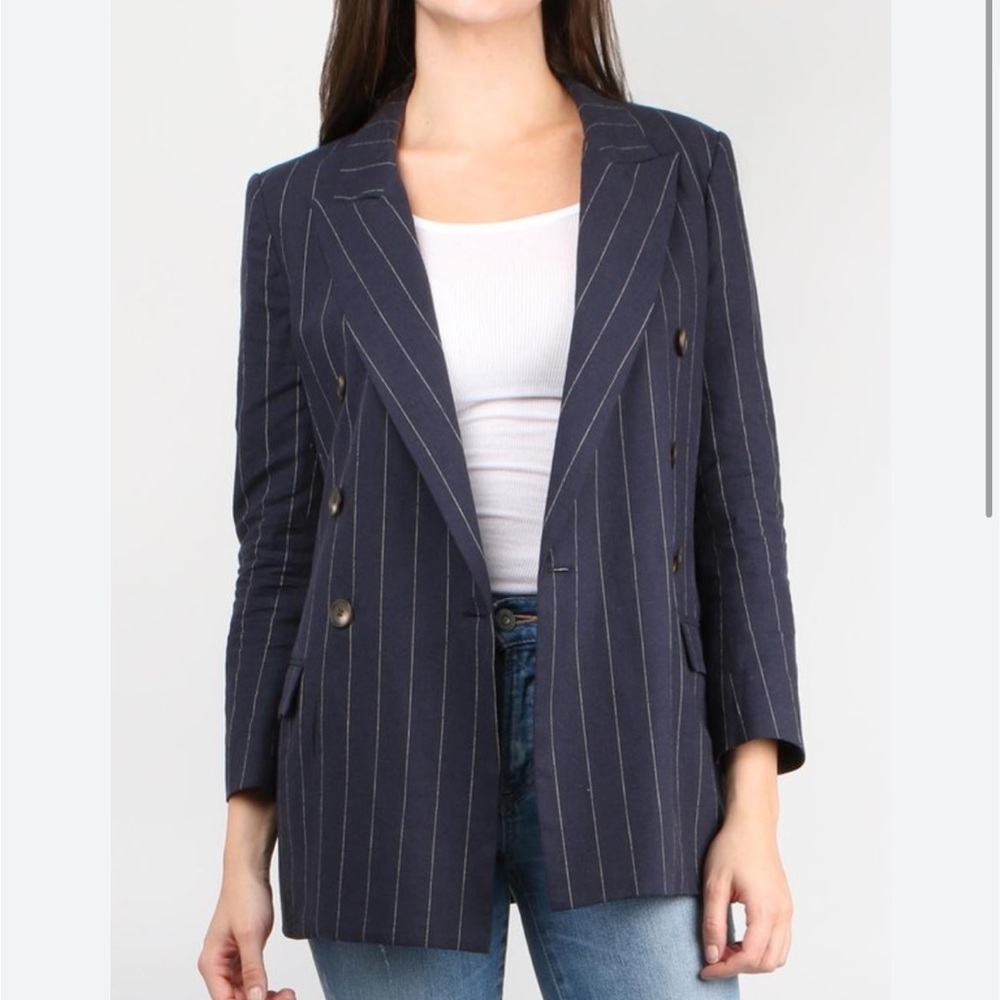 L’Agence Brea Double Breasted Linen Pinstripe Blazer